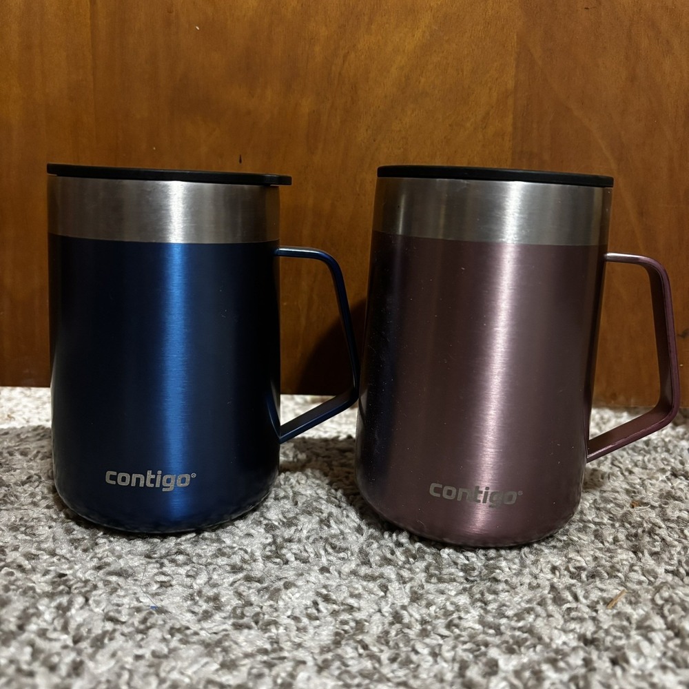 2 Contigo Stainless Steel Desk Travel Coffee Mugs 14 Oz Blue and Pink with Lids